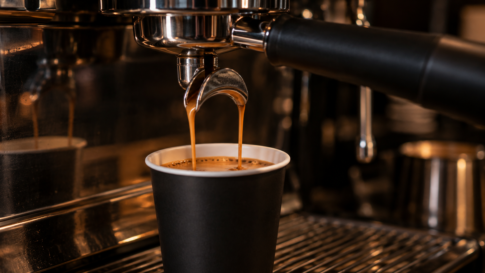 Fresh espresso pouring from a professional coffee machine