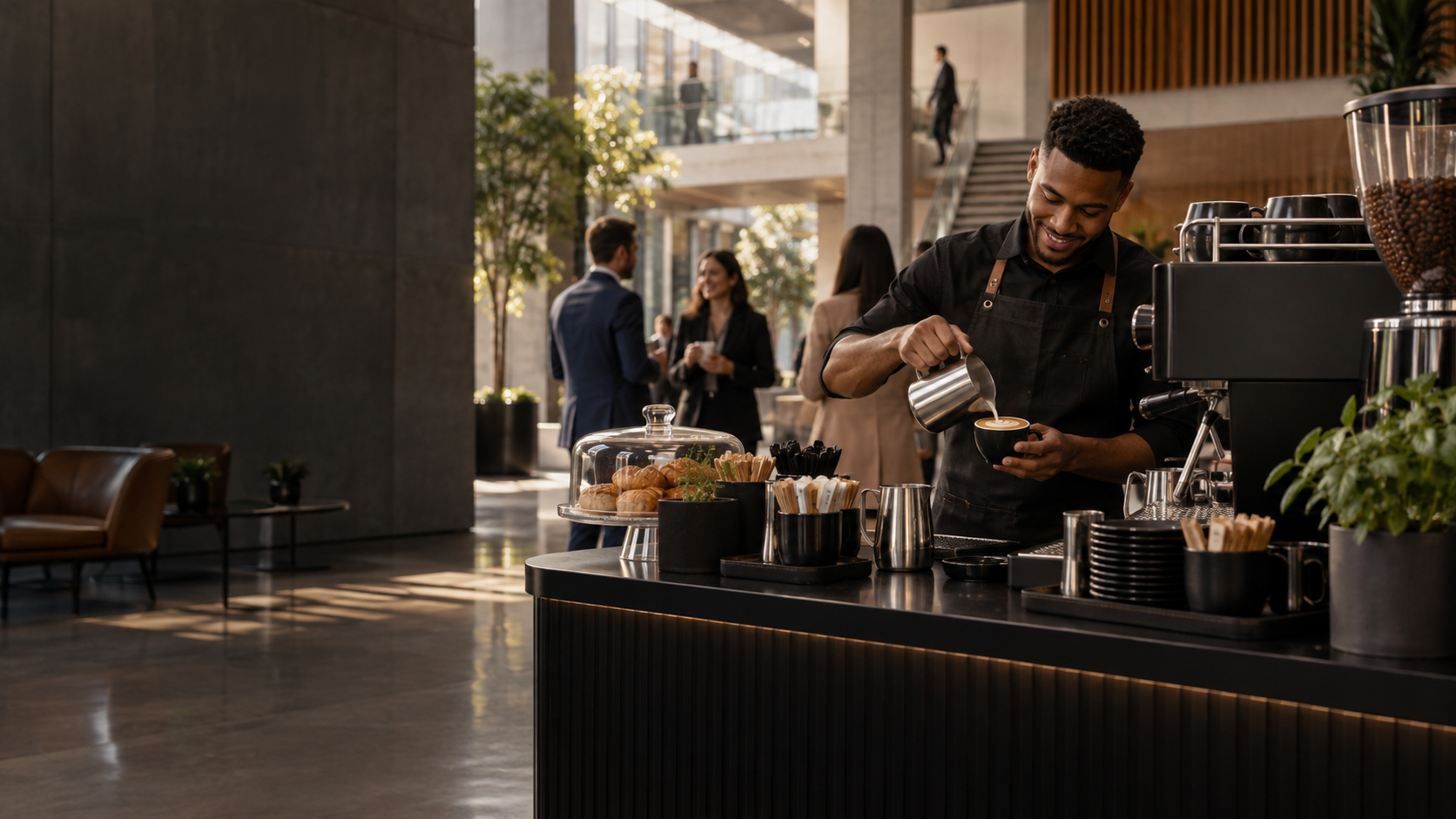 Barista preparing a cappuccino at a modern workplace coffee bar